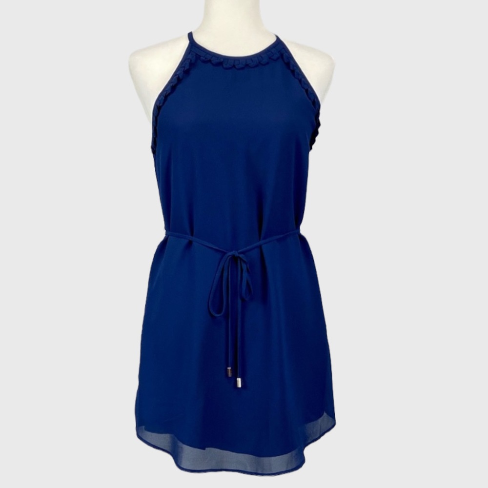 Leeli Lou Womens Sleeveless Halter Mini Dress Blue Chiffon Belted size Small